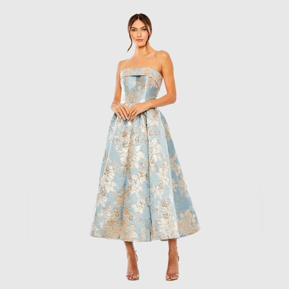 MAC DUGGAL 20726 Blue Strapless Brocade Midi Dress with Pockets - Picture 4 of 16
